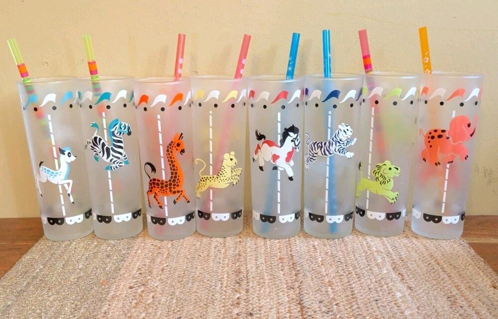 Vintage 1950s Libbey Merry Go Round Frosted Highball Glasses Set of 8 Carousel